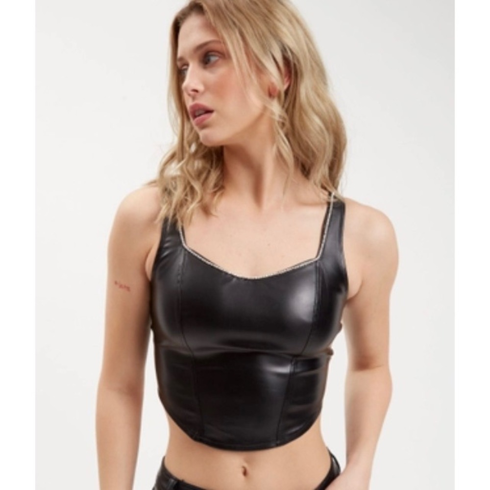 Black Faux Leather Rhinestone Top